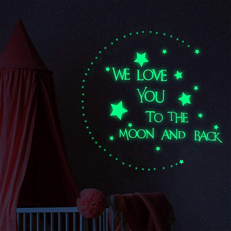 Homics Nursery Wall Decals Glowing Words Stickers - WE Love You to The Moon and Back - Words Glow in The Dark with Stars Around Wallpaper for Kids Bedroom Ceiling - Image 3